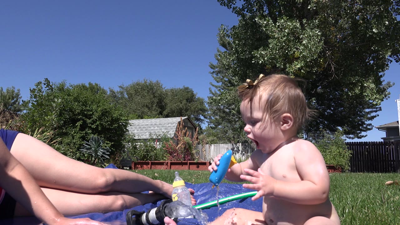 In Westminster, Colorado, the toddler looks down at a blue object near a green garden hose, with the adult still cropped at left and a shed visible beyond the lawn.
