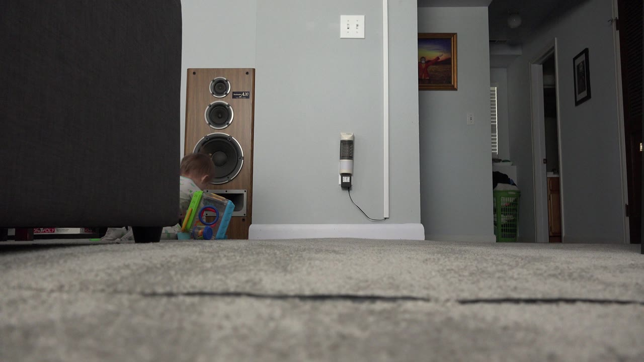 At 0:00 in Westminster, Colorado, a baby is partly visible beside a tall wooden speaker, with beige carpet filling the foreground and gray interior walls behind.