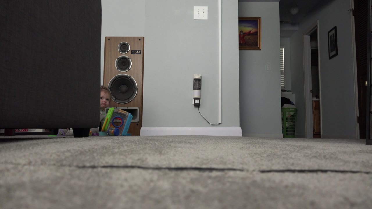 Low carpet view of a home room with speakers, toys, hallway, and a child partly visible.