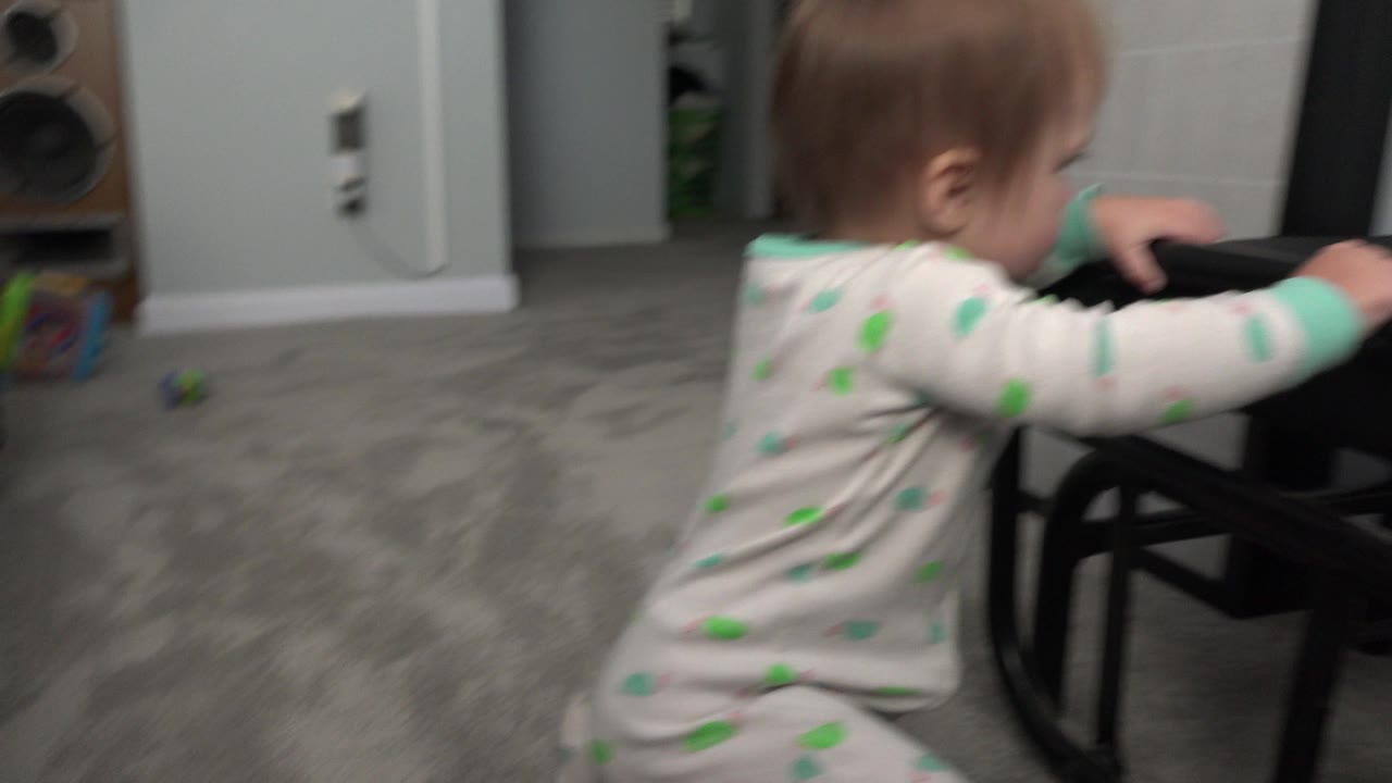 The baby continues gripping the black chair with both hands, body stretched forward across the carpeted Westminster, Colorado room.