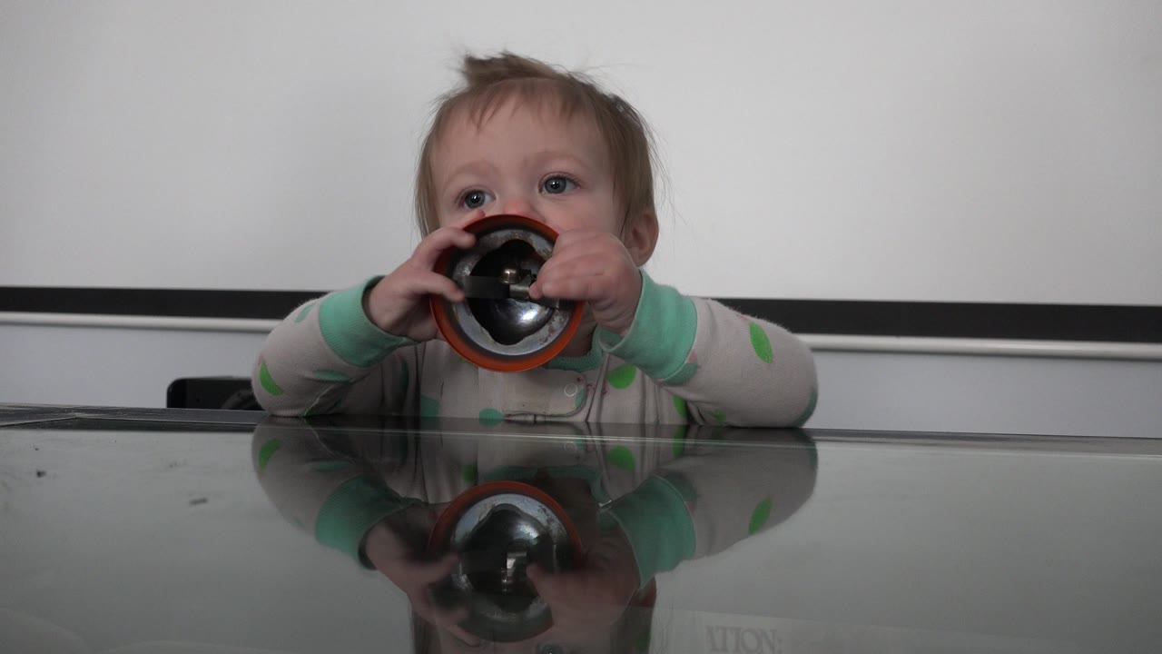 The Westminster toddler remains centered behind the glass tabletop, gripping the red-rimmed black object with both hands near their mouth.