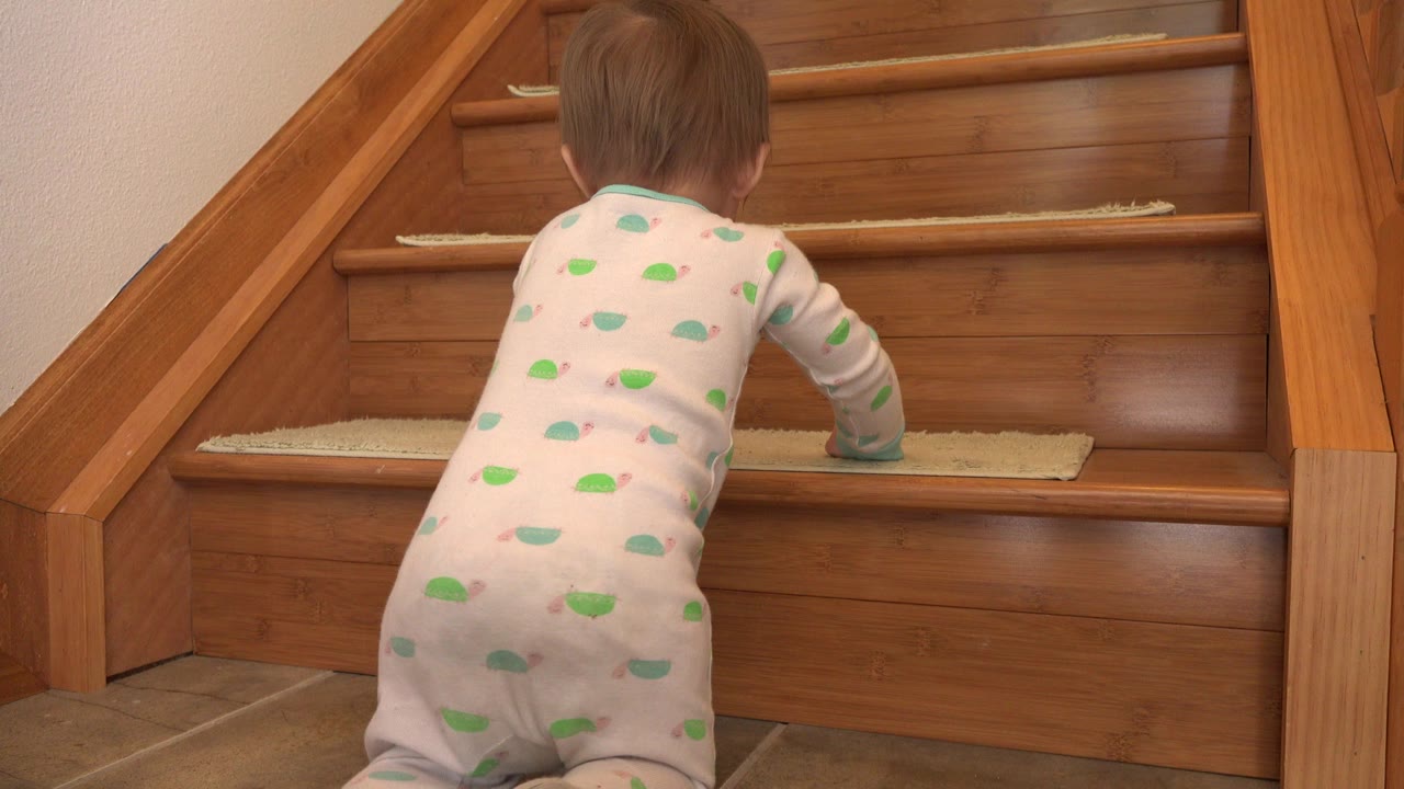 Toddler crawling toward wooden stairs