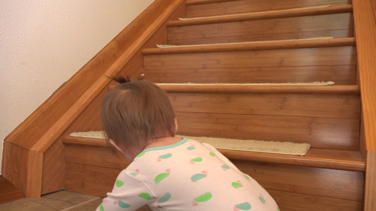 At 0:01, the toddler leans closer to the wooden staircase, with beige carpet strips visible across the treads in the Westminster, Colorado home.