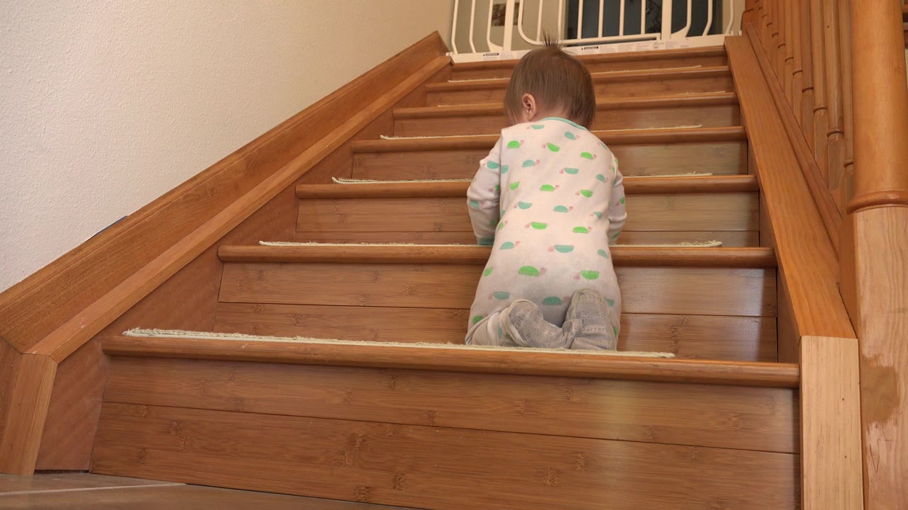 Toddler crawling up wooden stairs from behind.
