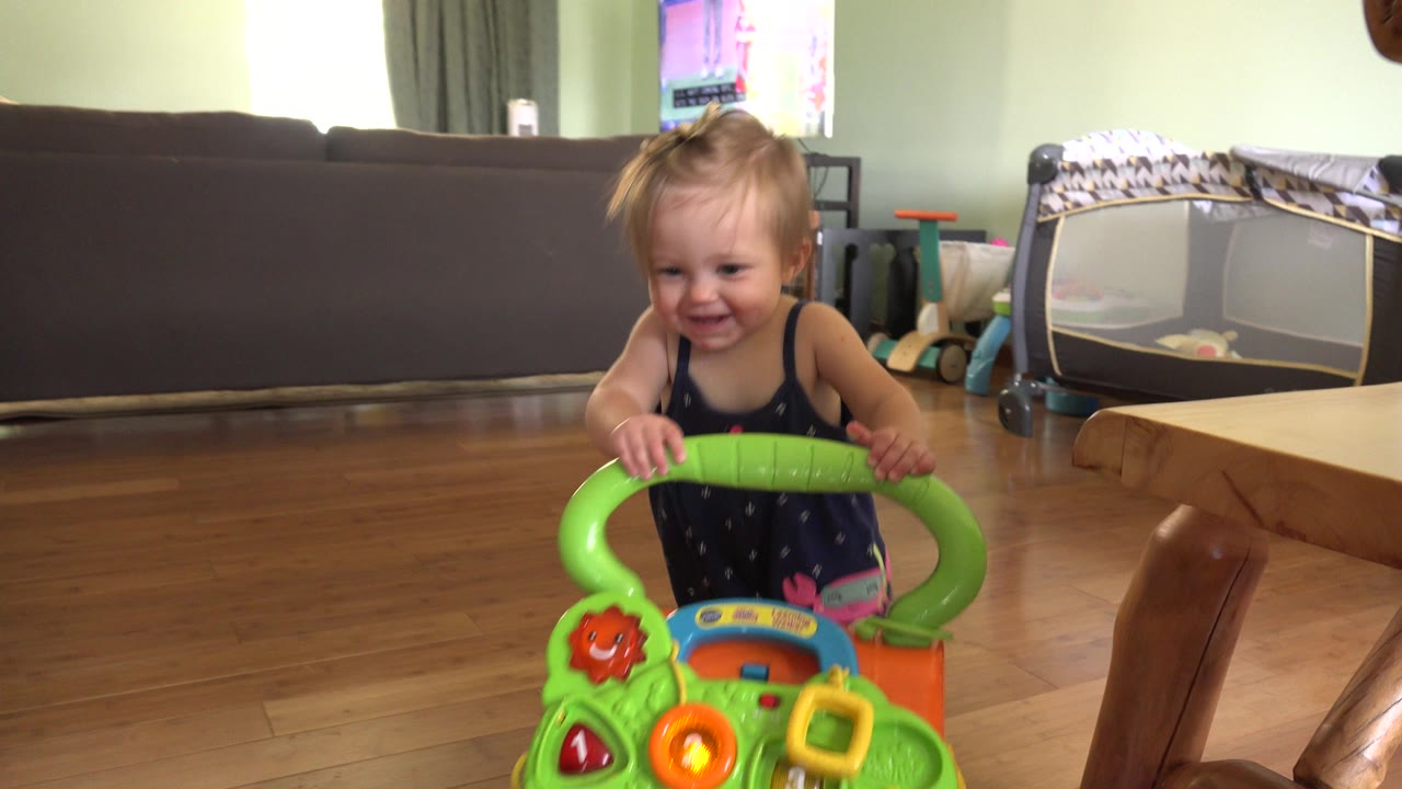 The toddler remains behind the green walker in the Westminster home, framed low with a sofa, playpen, curtains, and TV in the background.