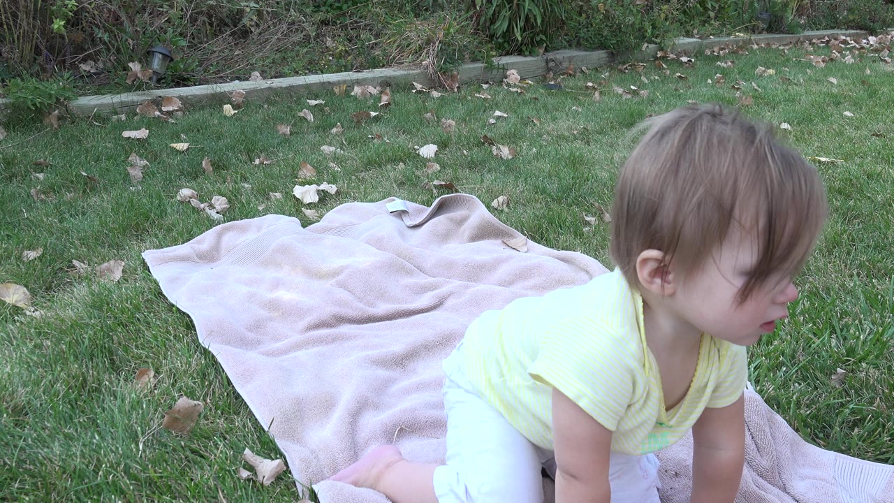 Baby turns sideways while kneeling on a light blanket in a Westminster, Colorado yard, with grass and scattered leaves behind.