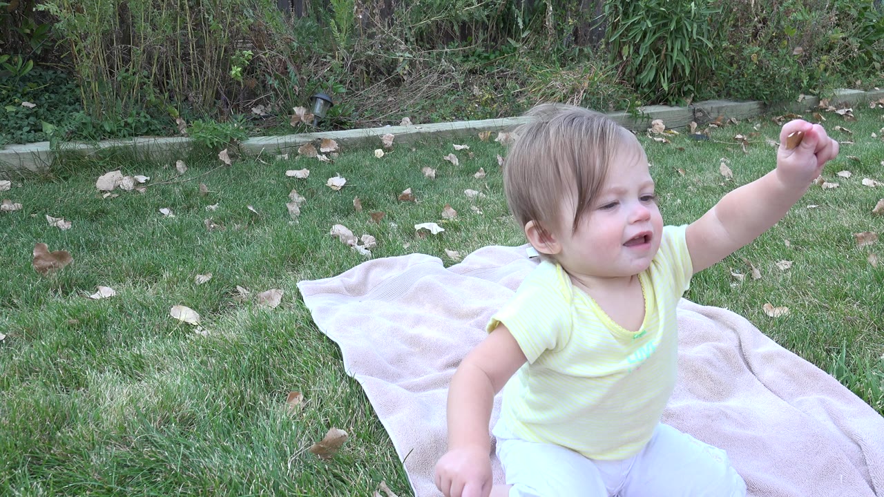 Baby sitting on a blanket in grass with one arm raised.