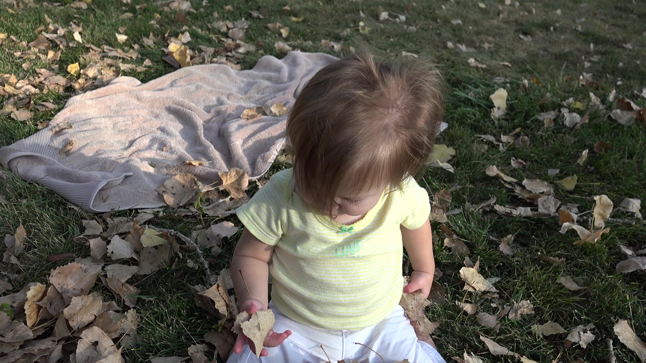 Young child in Westminster, Colorado sits on leaf-covered grass, looking down while holding dry leaves with a light blanket spread behind them.