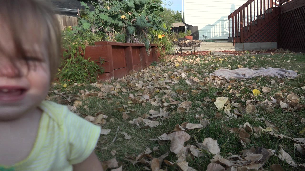 Crying baby close to the camera in a yard.