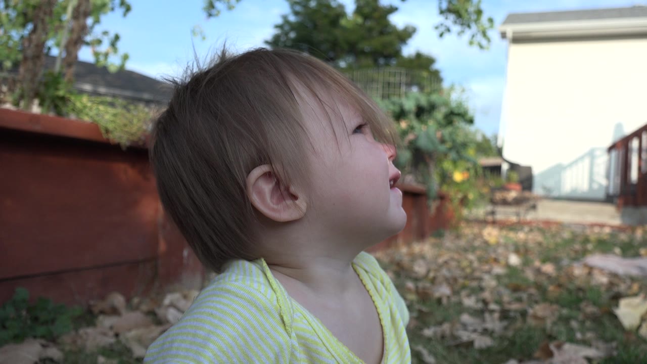 The child remains in side profile in Westminster, Colorado, with hair partly over the face and a sunlit yard, planter, trees, and house exterior behind them.