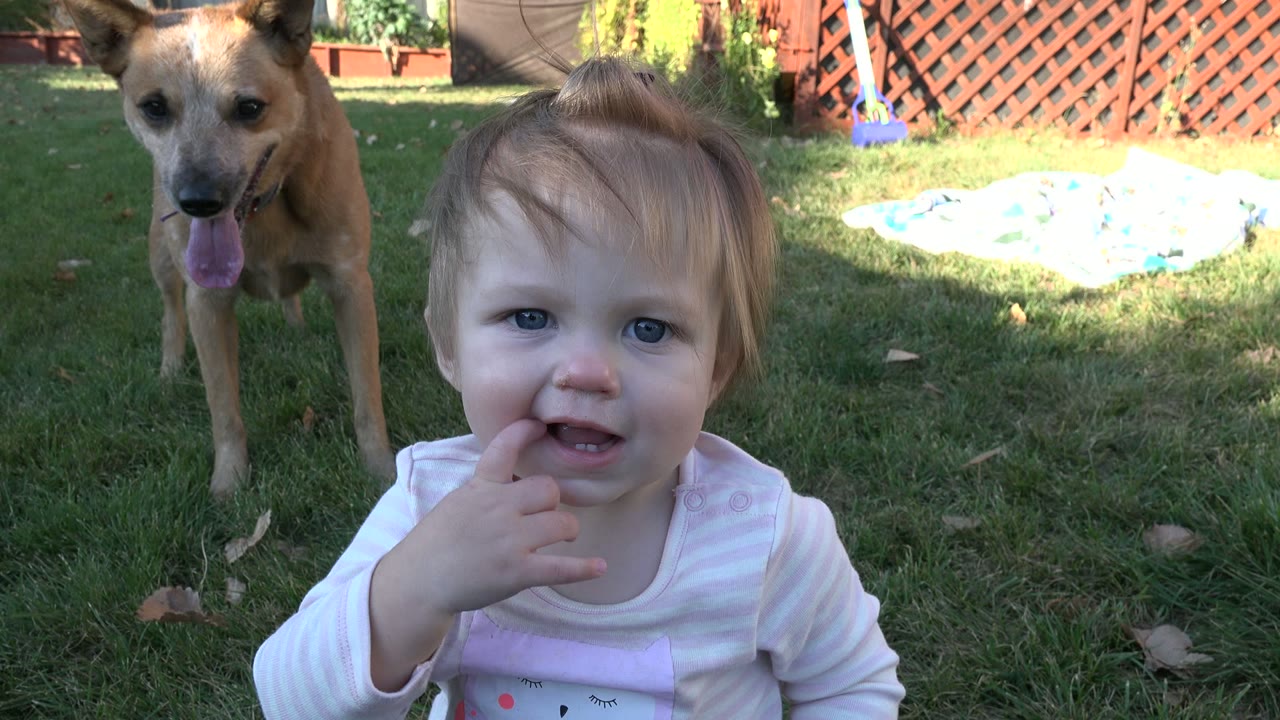 A young girl faces the camera with a finger near her mouth as a tan dog stands in the Westminster, Colorado backyard behind her.