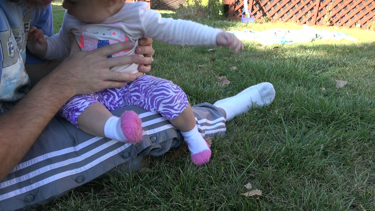 In Westminster, Colorado, a toddler in purple pants sits on an adult's lap on grass while the child reaches an arm out near the edge of the frame.