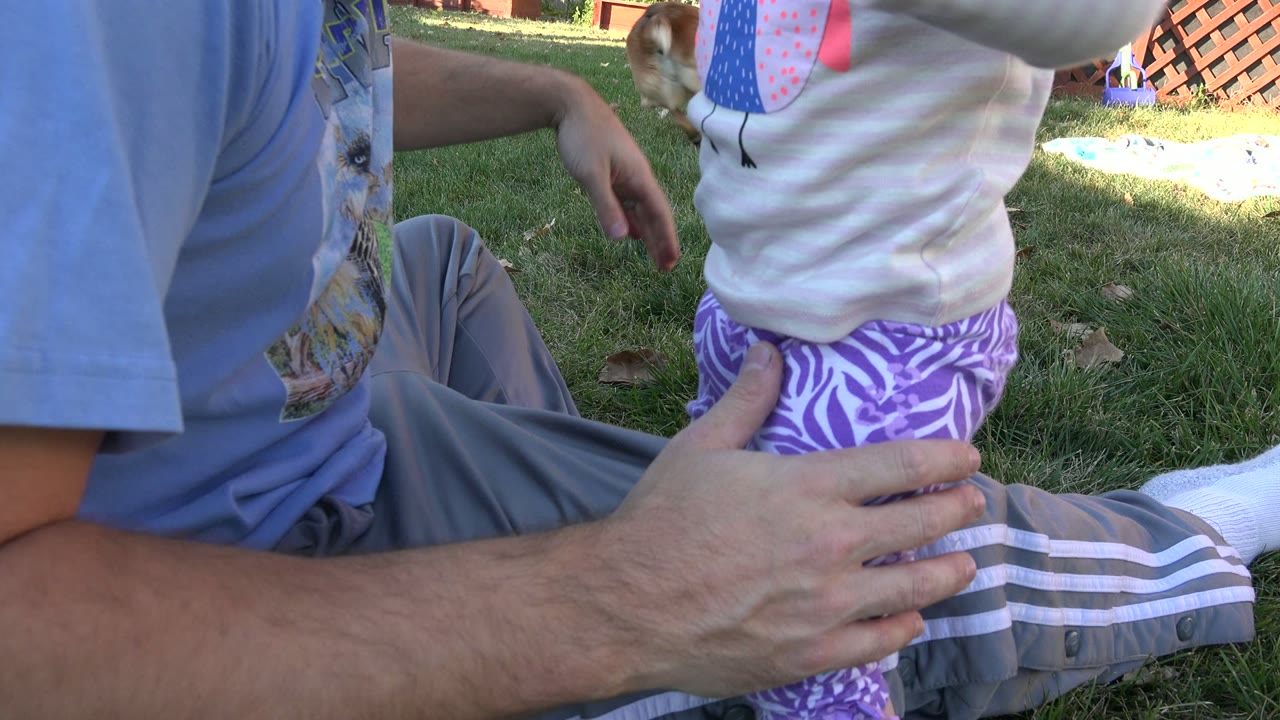 In Westminster, Colorado, the man's hand reaches toward the baby as the child stands close to his seated legs on the backyard lawn.