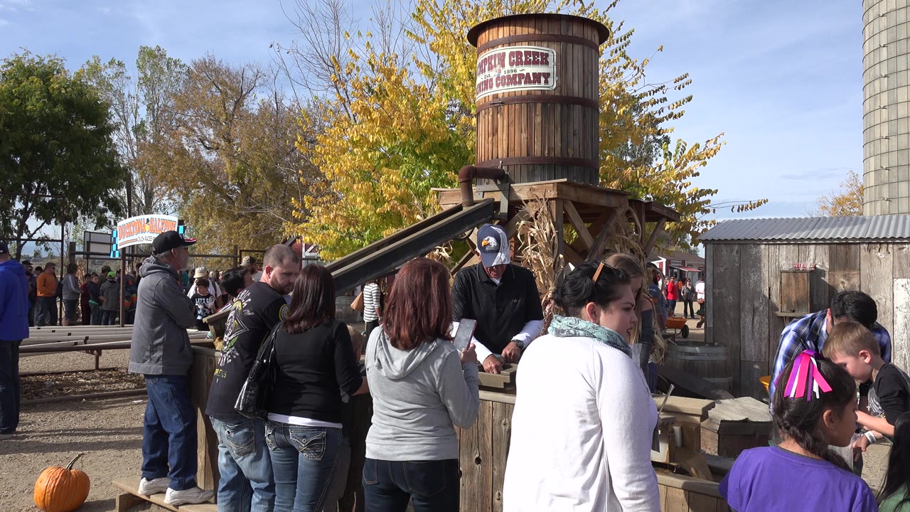 Families gathered around a rustic wooden farm booth with pumpkins nearby.
