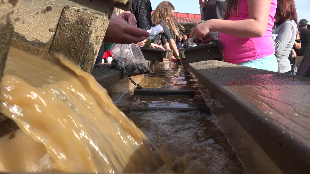 Muddy water pours beside people washing containers at a trough.