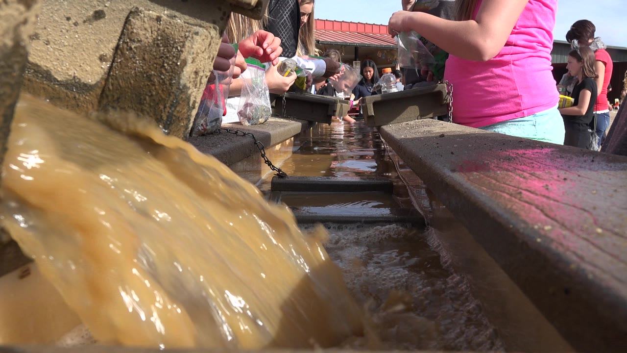 Low water-level view in Brighton, Colorado, showing tan murky water surging past wet wooden rails while cropped people handle containers in the background.