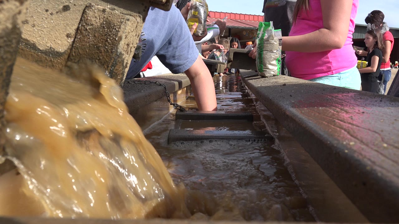 At 0:01 in Brighton, Colorado, the muddy water surges closer to the lens while hands and small containers appear above the water channel.