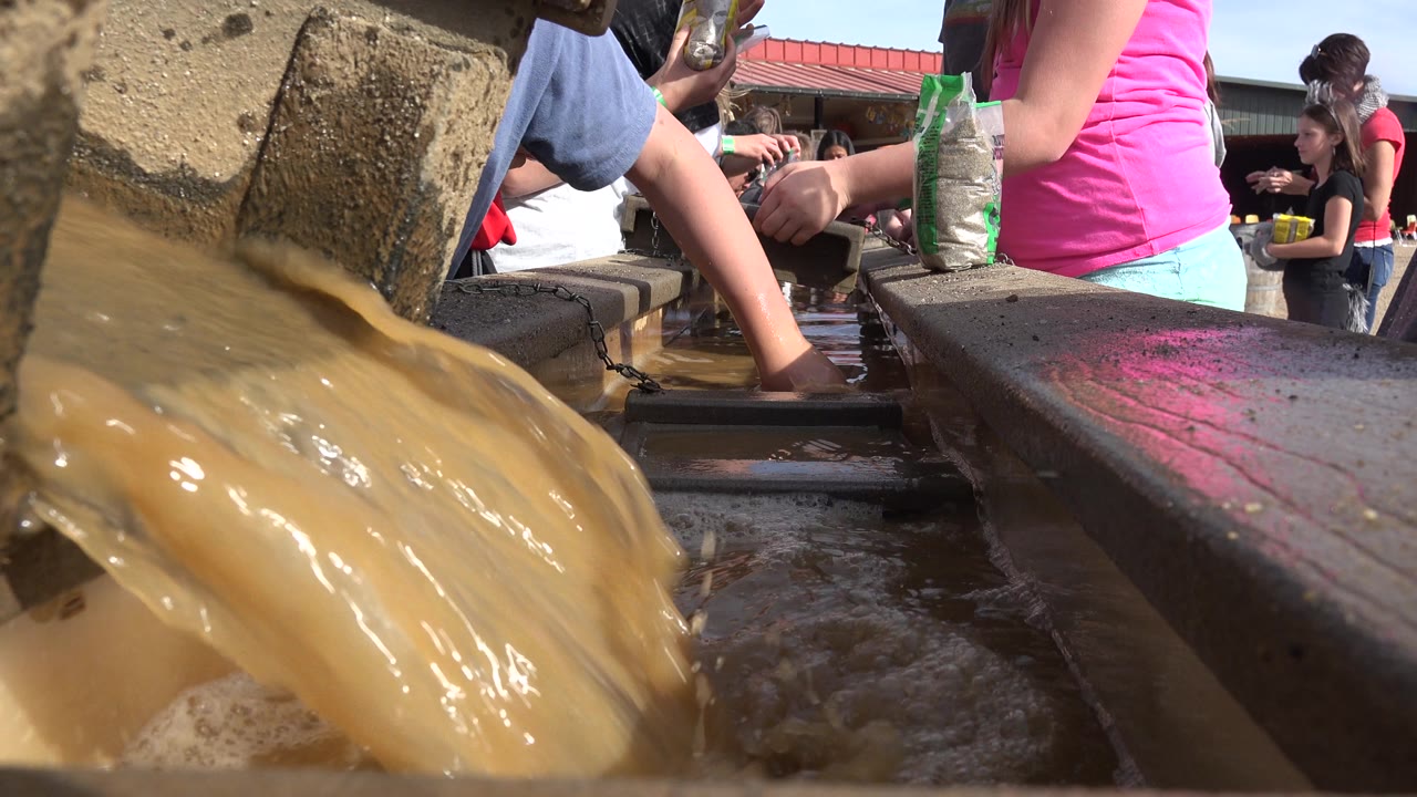 Muddy water pours through the foreground as a hand reaches across trays.