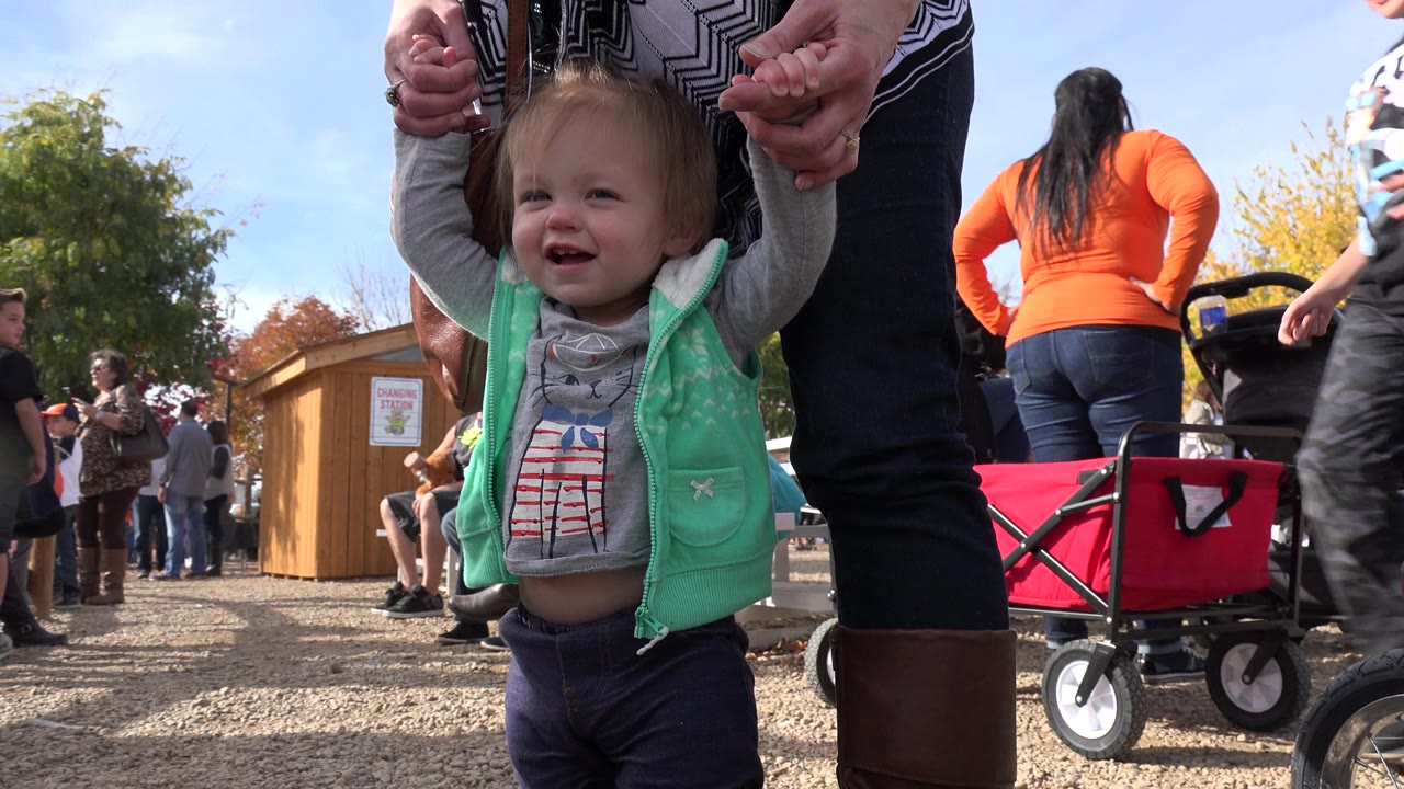 The child continues forward in Brighton, Colorado, looking ahead while the adult's hands support her and a red wagon sits behind them at the fair.