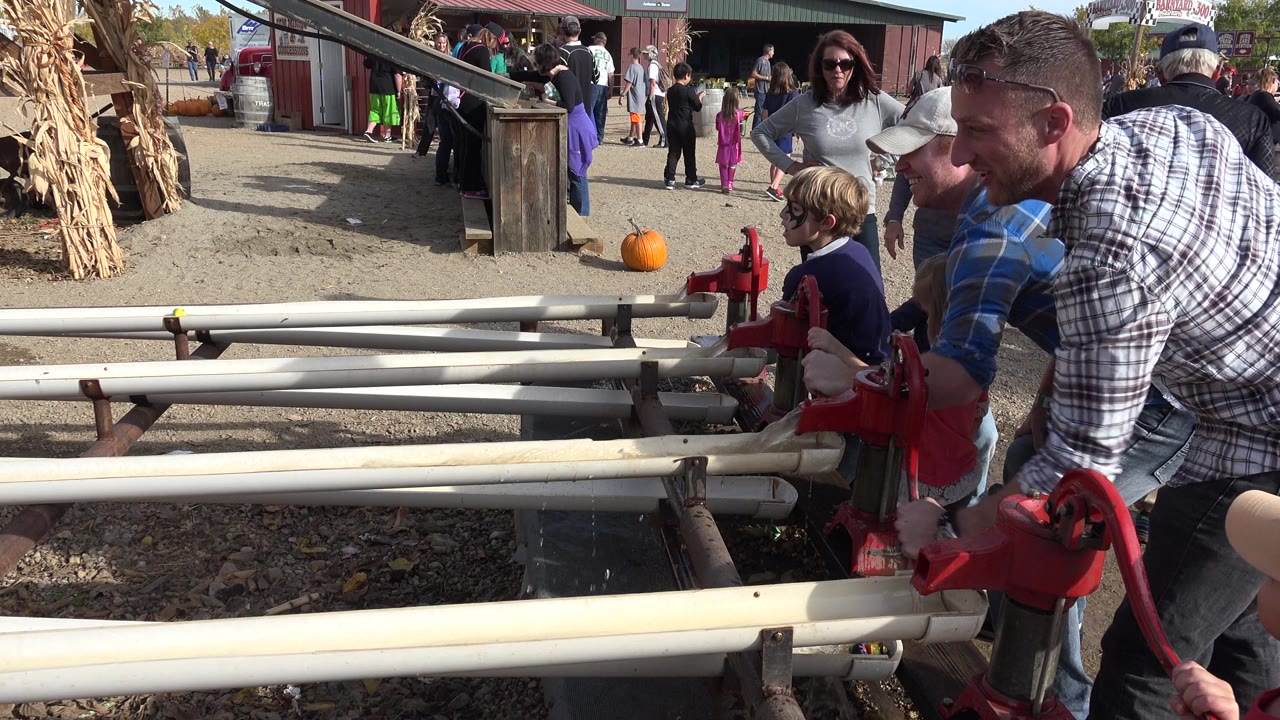 Children and adults gather at water pumps with farm decorations behind them.