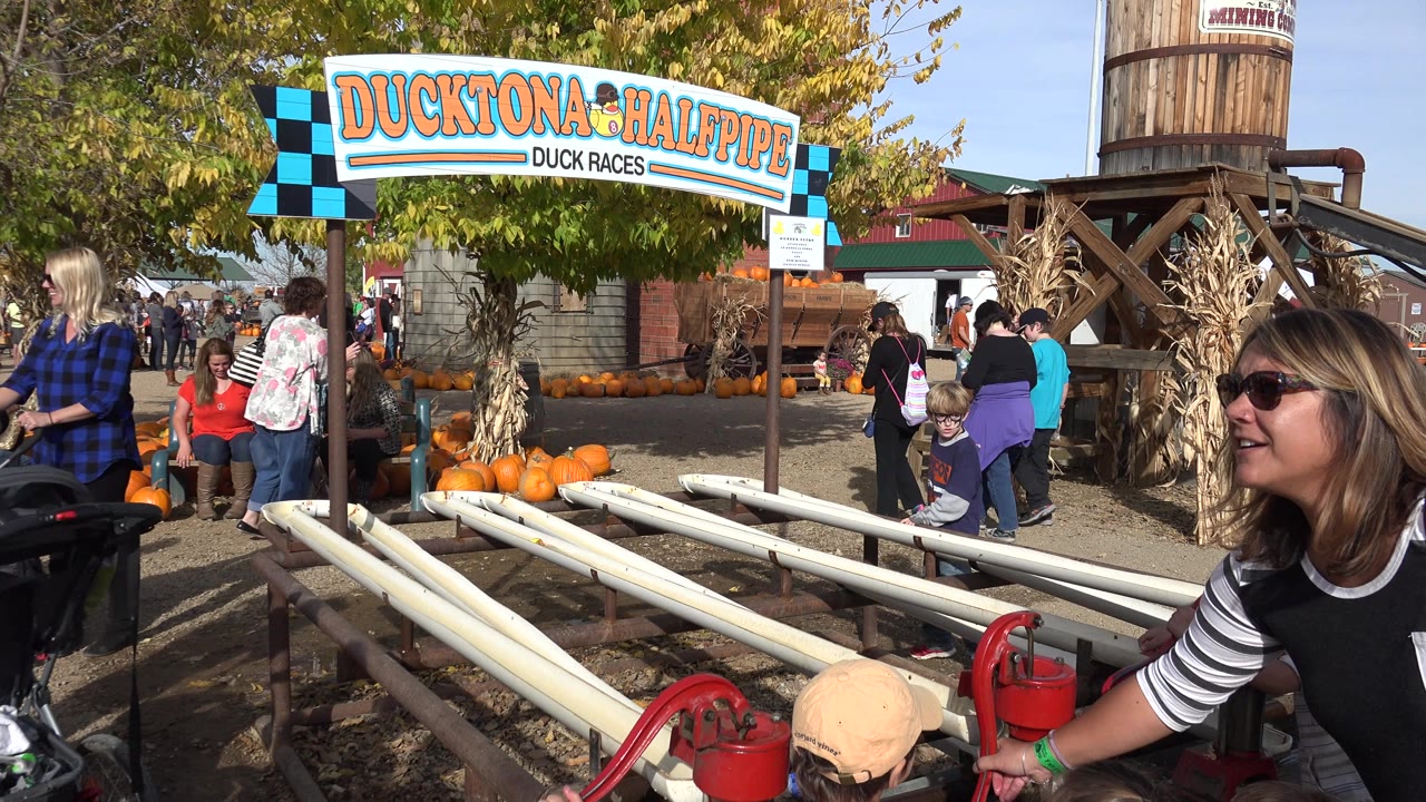 A woman in sunglasses stands near the foreground pump while children and adults move around the Ducktona Halfpipe Duck Races lanes in Brighton, Colorado.