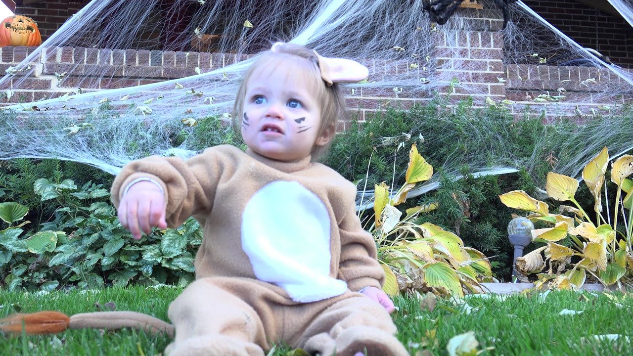 Baby girl in lion costume with one arm raised beside a fuzzy tail on grass.