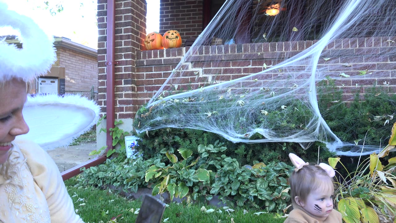 In Westminster, Colorado, the woman in angel wings leans near the costumed child as white Halloween webbing stretches across garden plants below a brick house window.