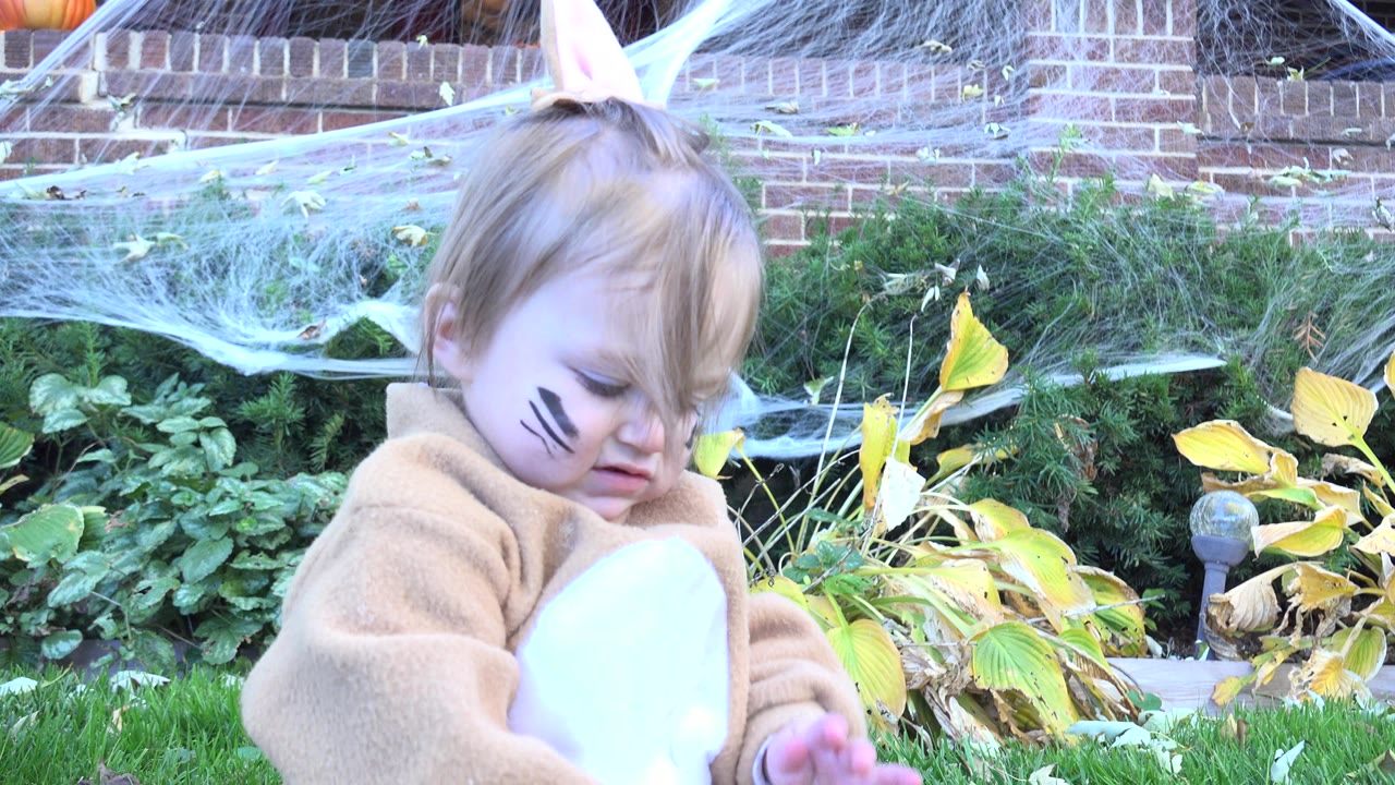 Toddler with face paint holding white costume fabric.