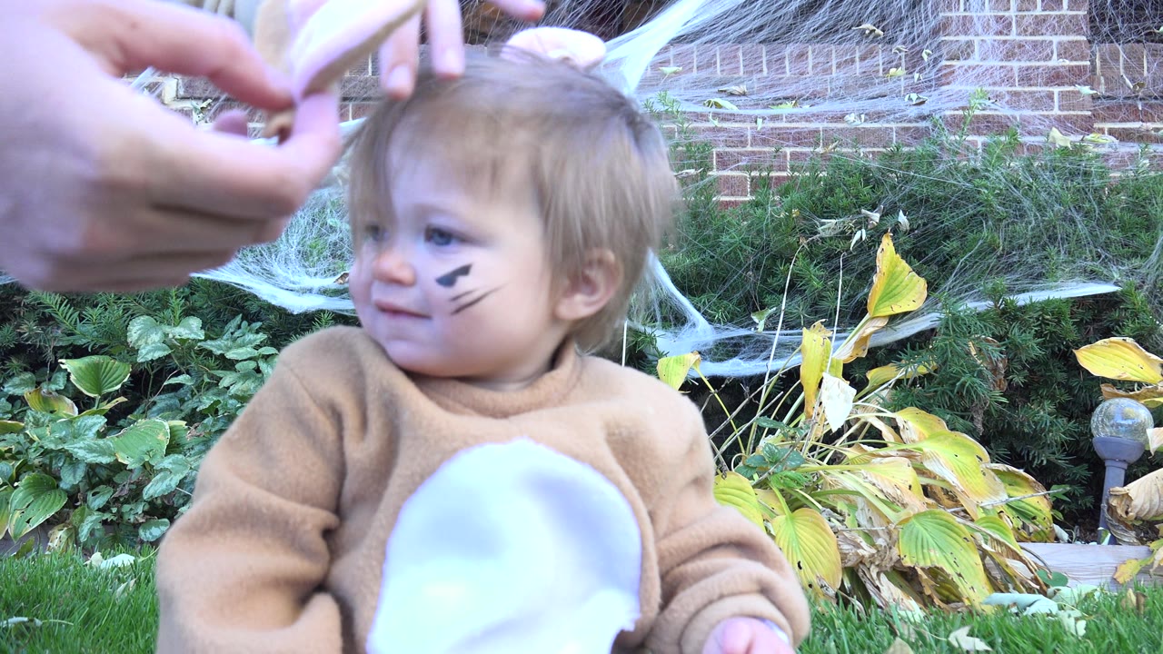 Toddler in costume looks to the side as adult hands work near the hair clip.