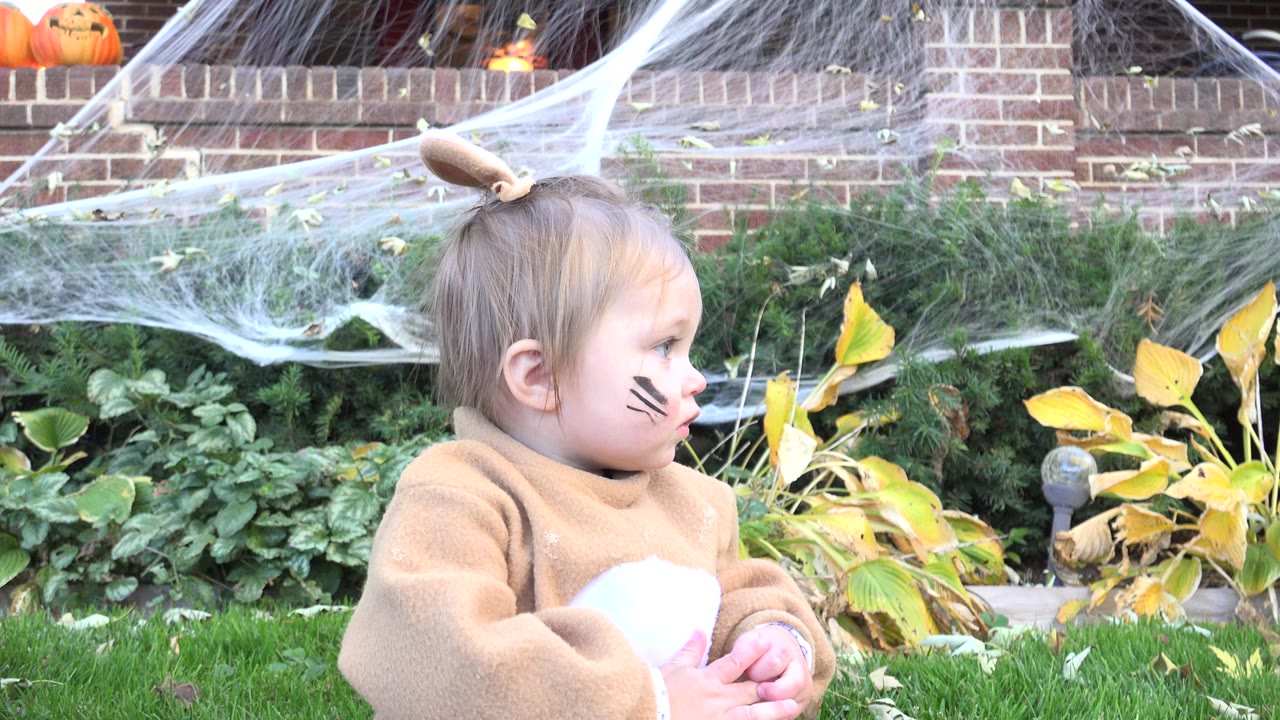Toddler in a brown rabbit costume sitting on grass near shrubs.