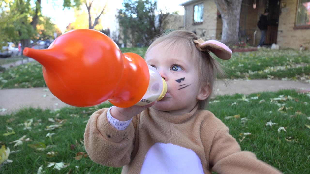 At 0:01 in Westminster, Colorado, the child looks upward past the orange prop bottle, with costume ears, face paint, grass, sidewalk, and homes visible behind.