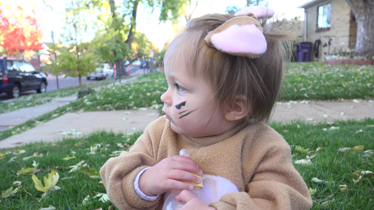 A toddler with black face paint sits on a Westminster, Colorado front lawn in a tan animal costume, holding a bottle while looking left toward the street.