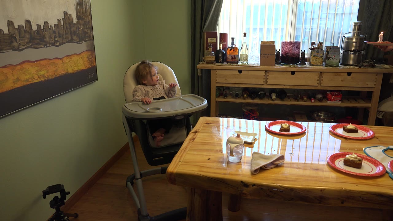 Child in a high chair beside a set dining table.