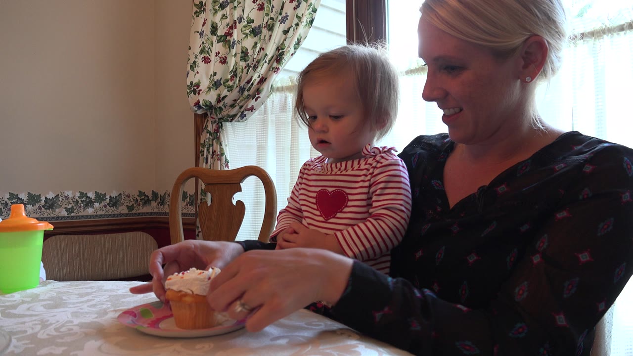 In Prairie Grove, Illinois, the mother holds the cupcake plate near the toddler as bright window light outlines the two figures at the dining table.