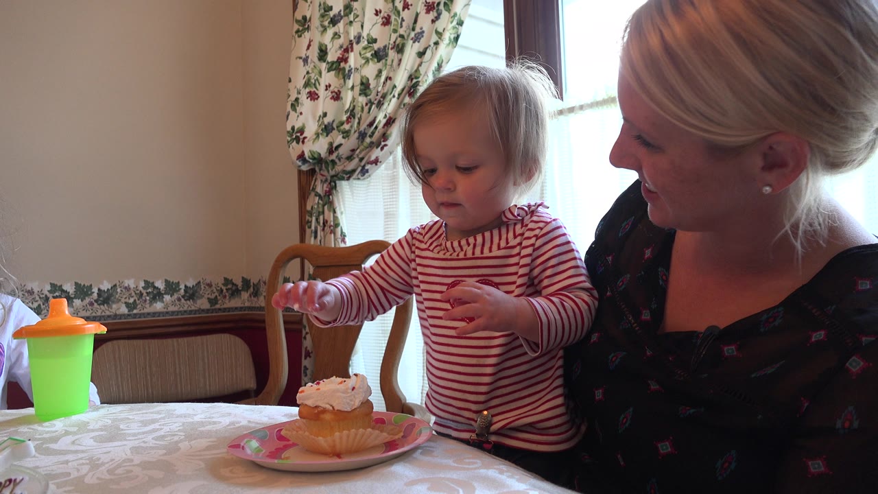 Toddler reaches toward a cupcake beside a woman at a dining table.