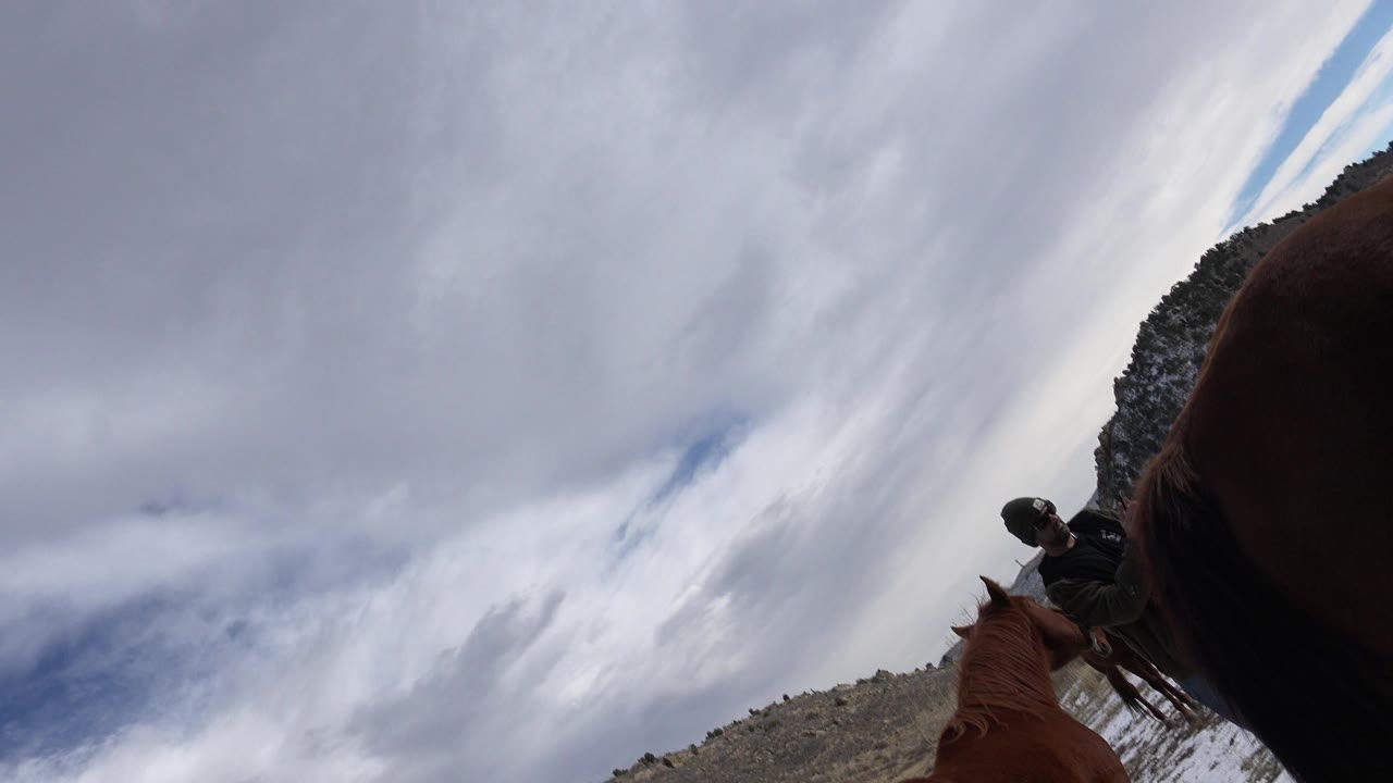 The camera tilts upward in Golden, Colorado, leaving horses and a distant handler at the right edge beneath a large cloudy sky.