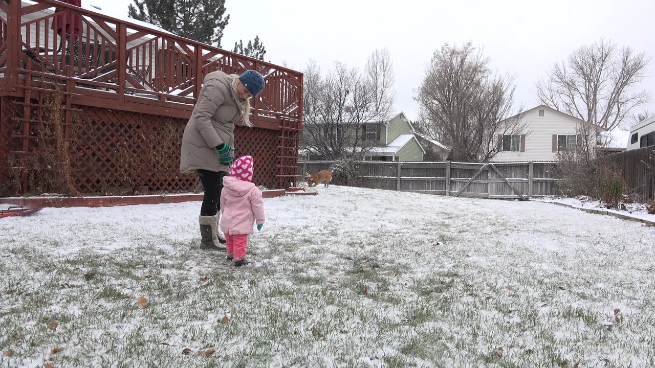 Woman and small child in snow-covered backyard with tan dog in the distance.