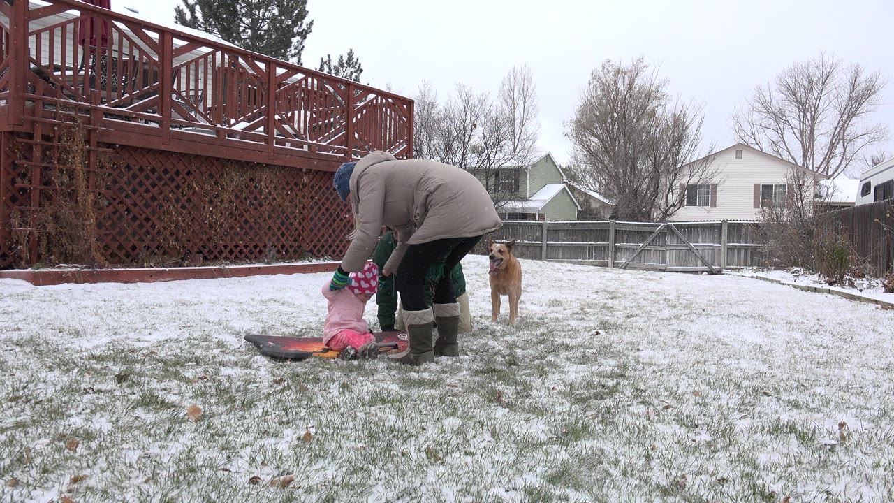 Adult bends over a bundled child on a sled while a dog watches in a snowy backyard.