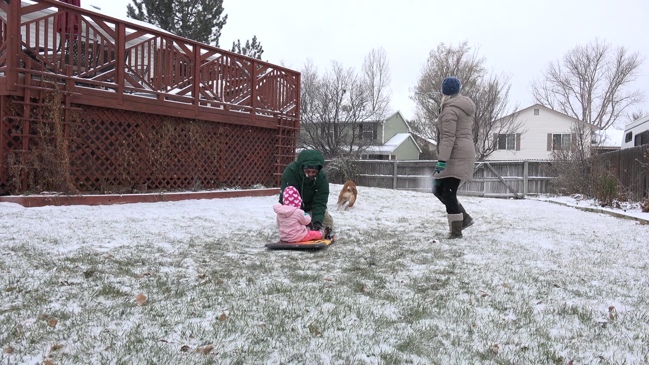 Child on a small sled with two adults and a dog in a snowy backyard.