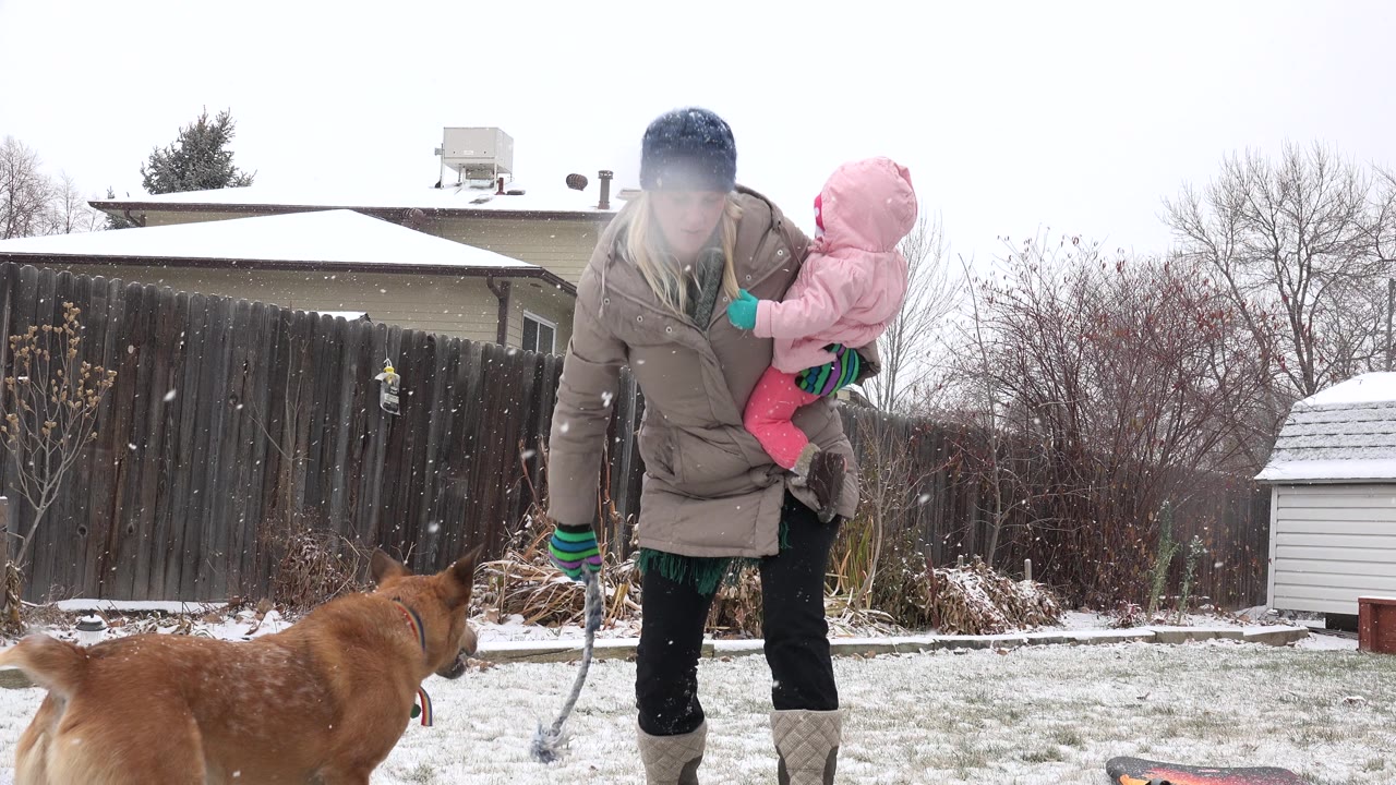 In Westminster, Colorado, the mother stands with the baby close to her shoulder as the brown dog faces them across the snowy lawn.