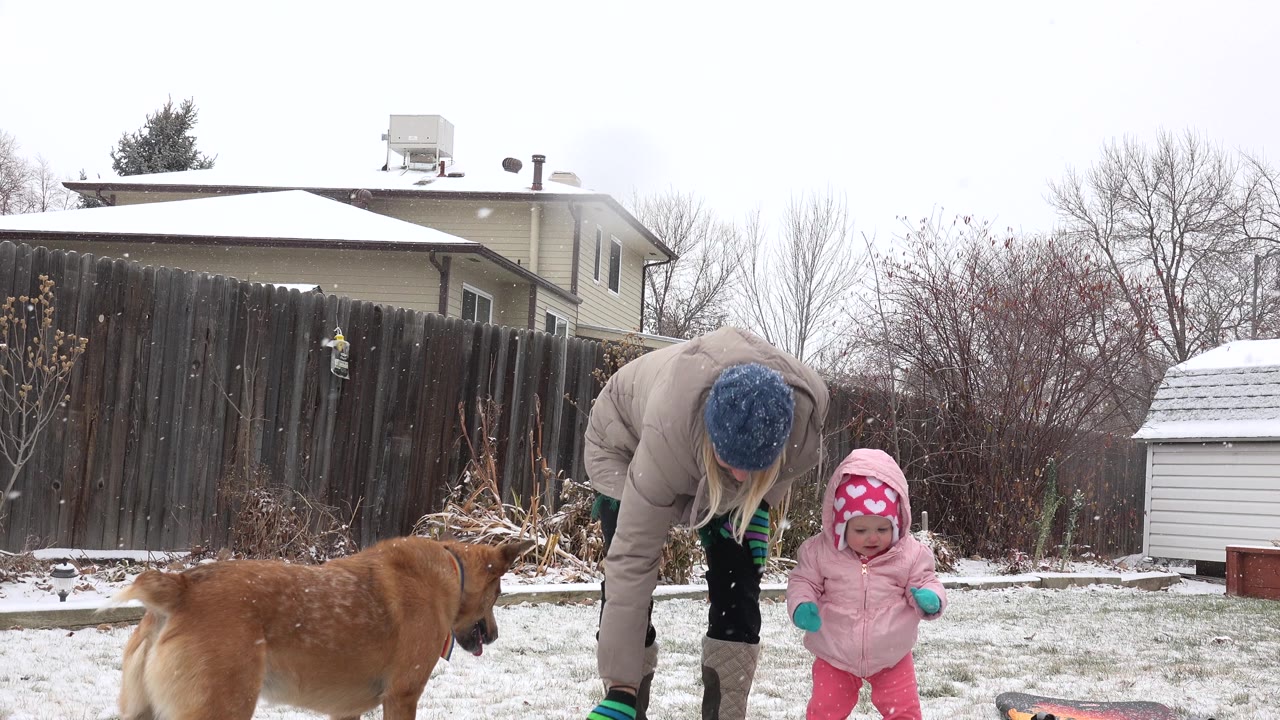Adult bends near a child in pink as a brown dog stands in a snowy backyard.