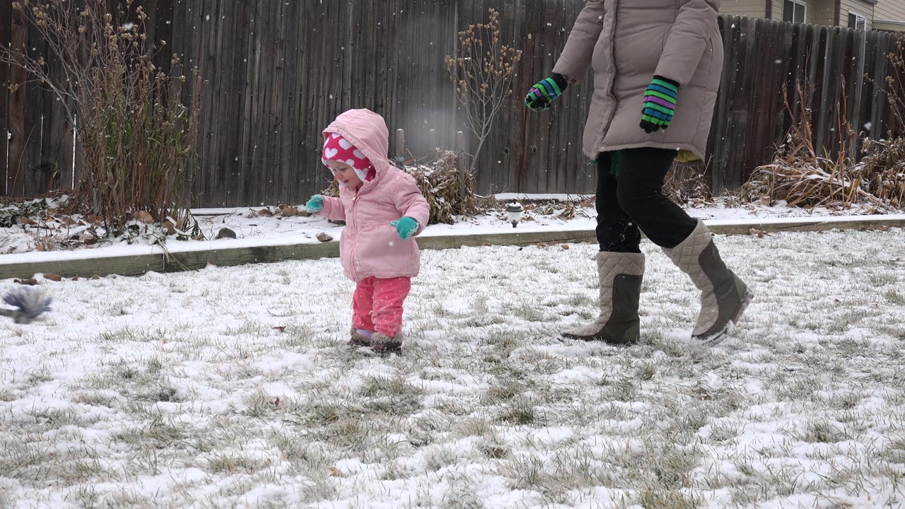 A toddler in pink bends attention toward the snowy ground while an adult woman steps across the Westminster, Colorado backyard beside a wooden fence.