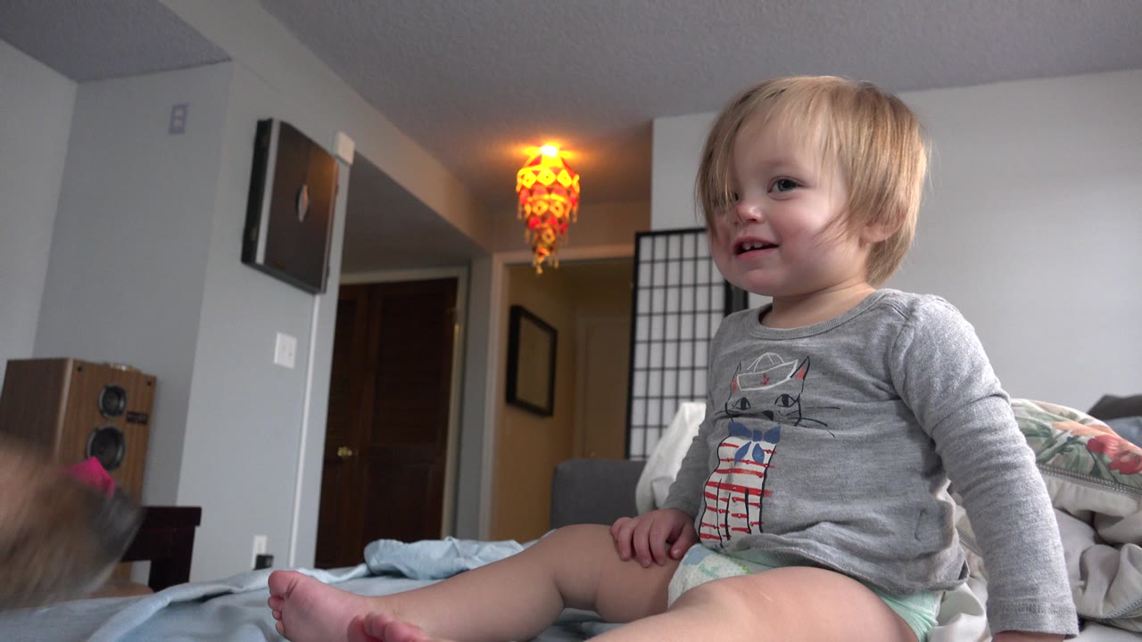 A blond baby sits on a bed in a Westminster, Colorado home interior while a brown dog blurs through the left foreground.