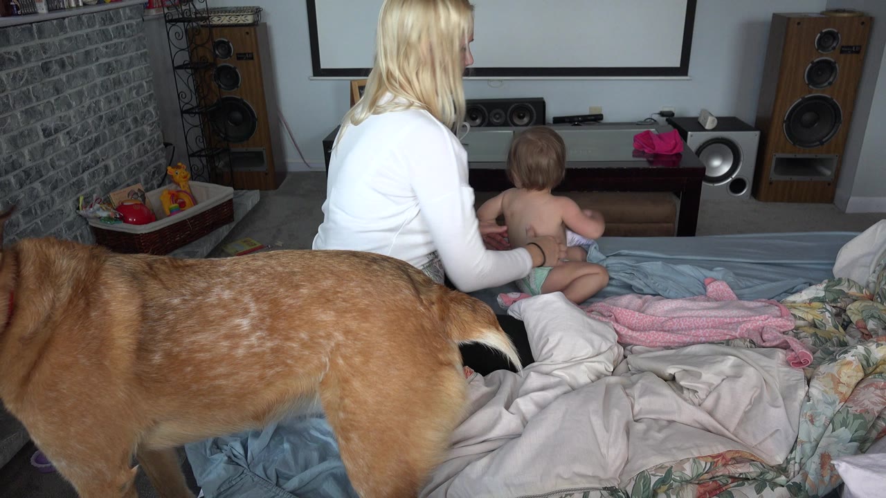 In Westminster, Colorado, a woman in a white top sits on an unmade bed behind an infant in a diaper as a brown dog fills the lower foreground of the frame.