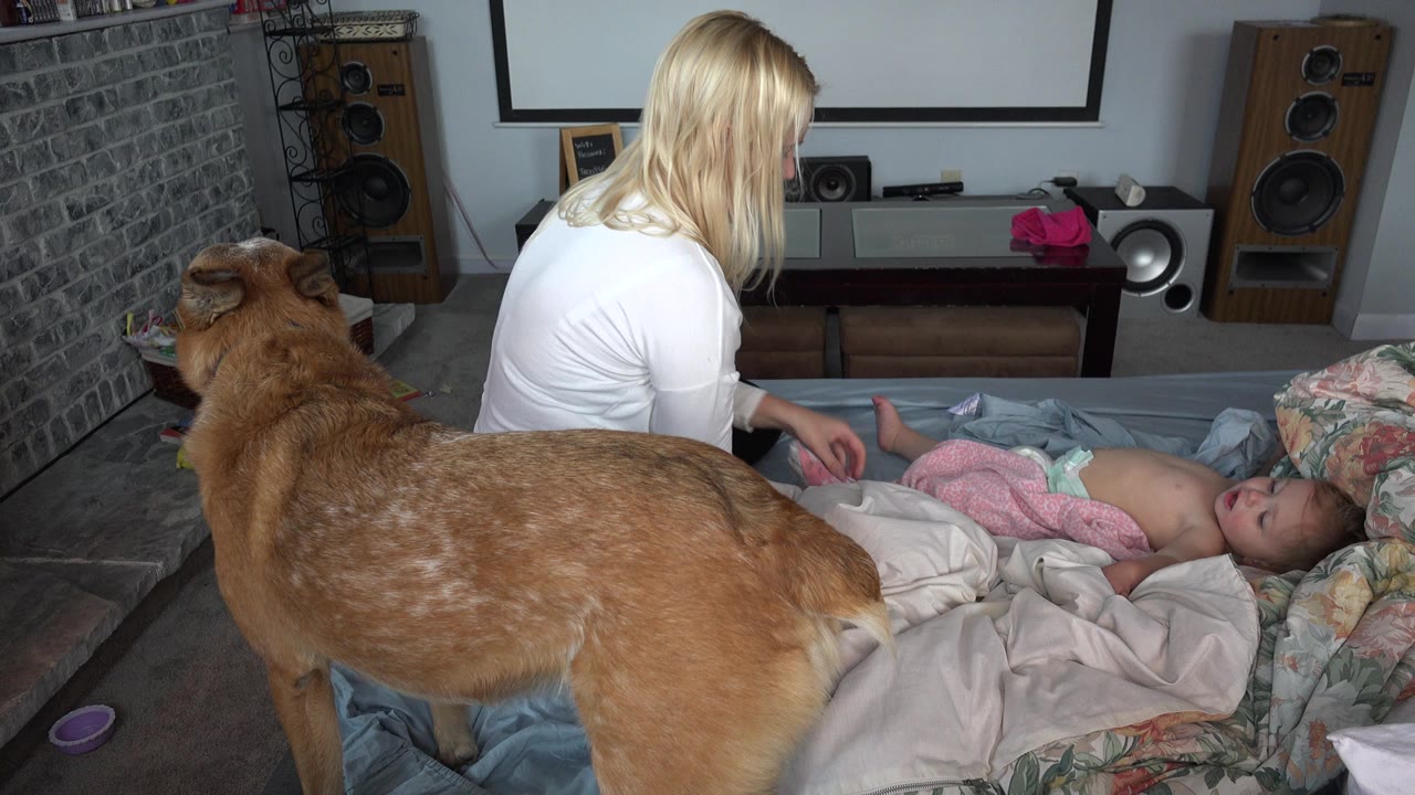 Woman leaning over baby on bed with tan dog in foreground.