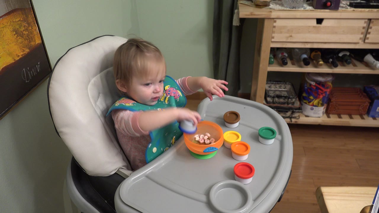A young child in Westminster, Colorado sits in a padded high chair and reaches across a gray tray with a bowl, small cups, and toys visible.