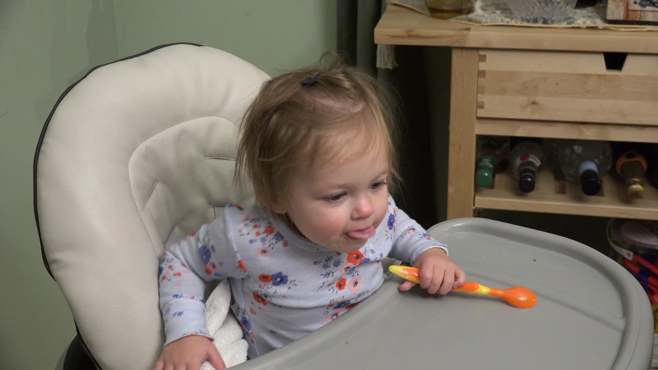 A toddler in Westminster, Colorado sits in a padded high chair, leaning toward a gray tray while holding an orange spoon at the start of the feeding clip.