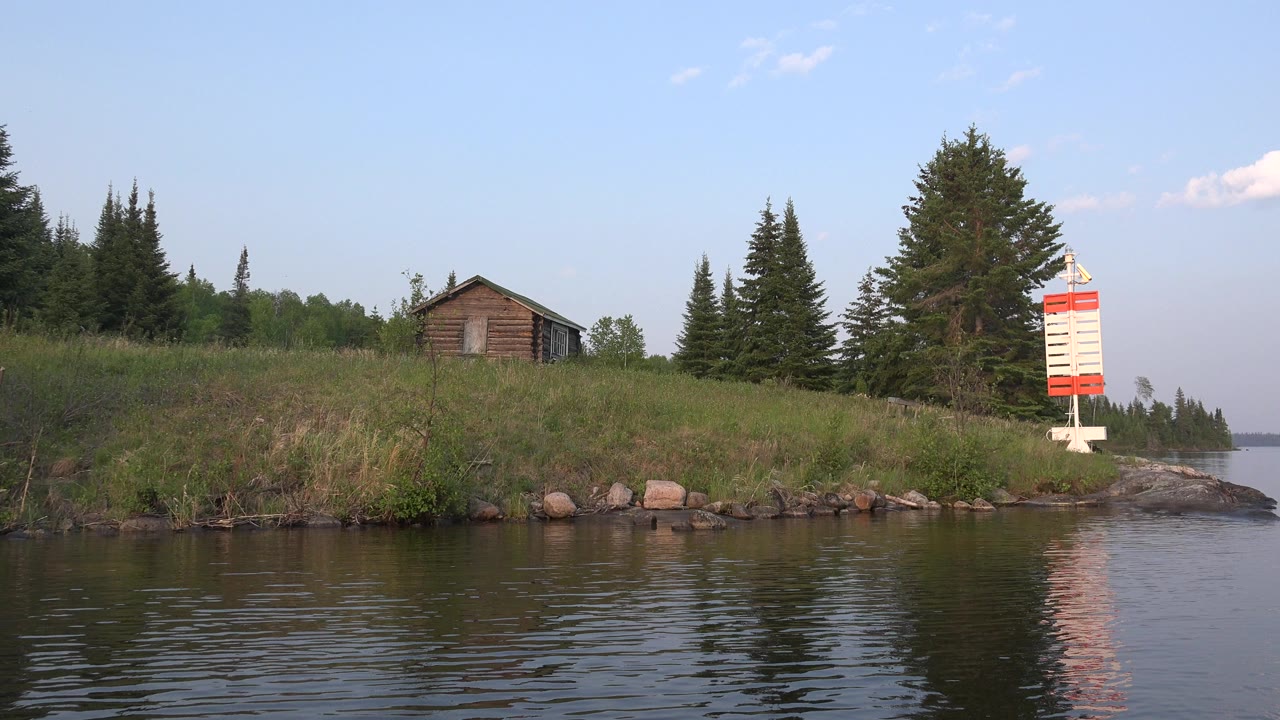 Small cabin on a grassy lake shore with evergreen trees and water in front.