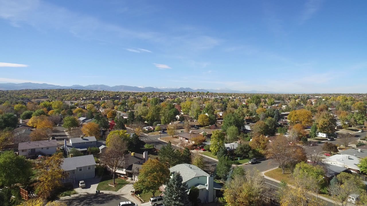 Wide aerial view of a tree-lined suburban neighborhood under blue sky.