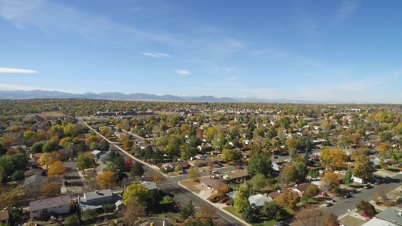 Aerial view over suburban houses, tree-lined streets, and distant mountains